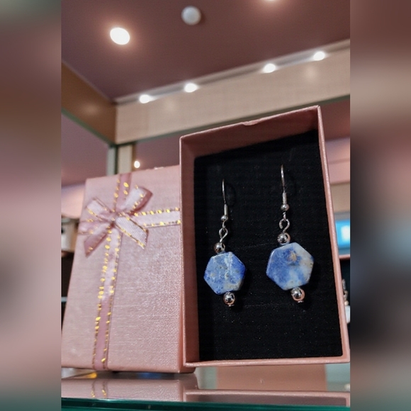 Jewelry - Genuine Hand-made sodalite blue hexagon-shaped earrings